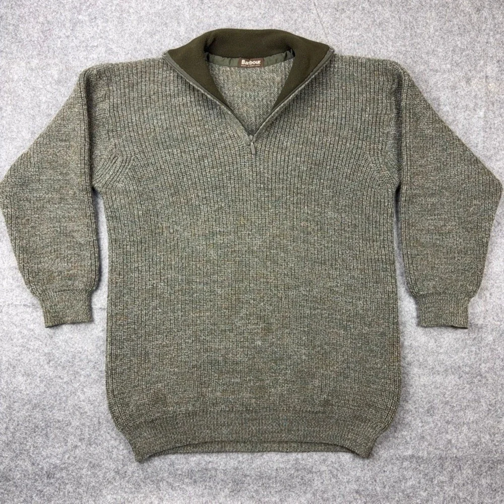 Barbour Sweater Mens XL Green Tyne Zip Neck 100% Pure Wool Heavy Knit Scotland